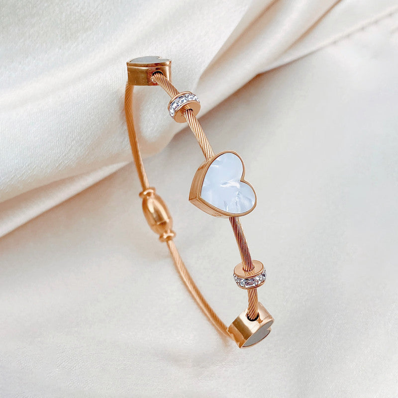 Stainless Steel Rose Gold Plated AD Studded Heart themed Anti-Tarnish Bracelet