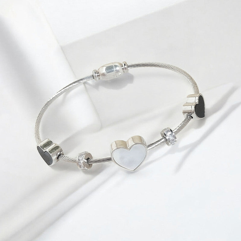 Stainless Steel Silver AD Studded Heart themed Anti-Tarnish Bracelet