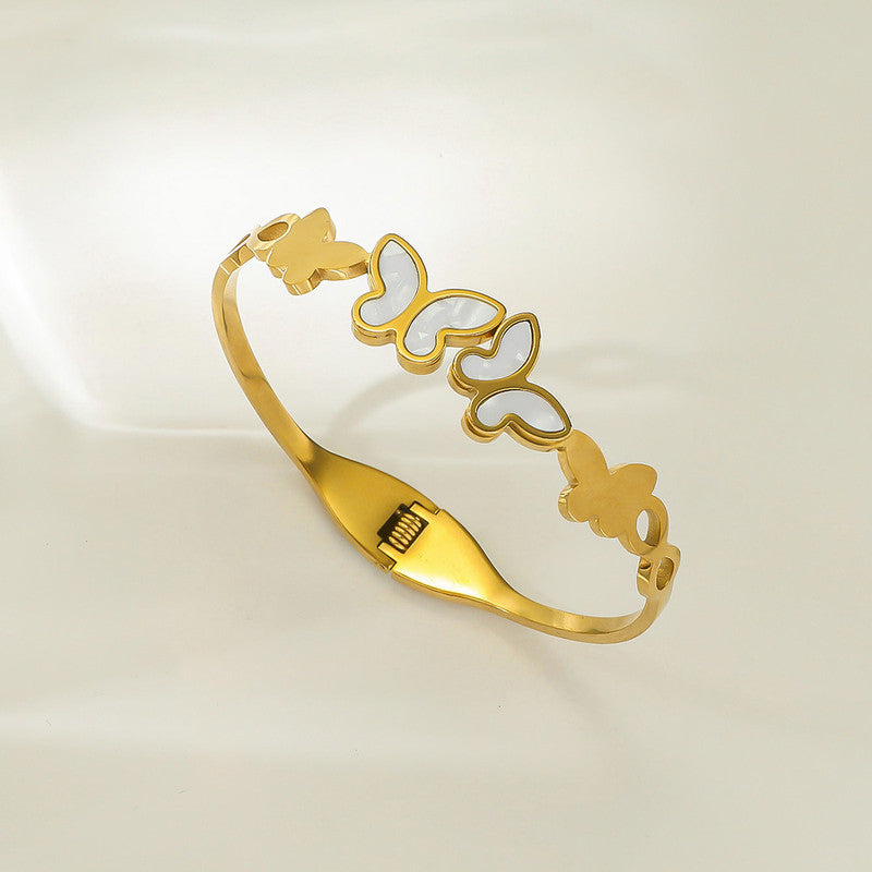 Gold Plated Stainless Steel Butterfly Themed Anti Tarnish Bangle Style Bracelet
