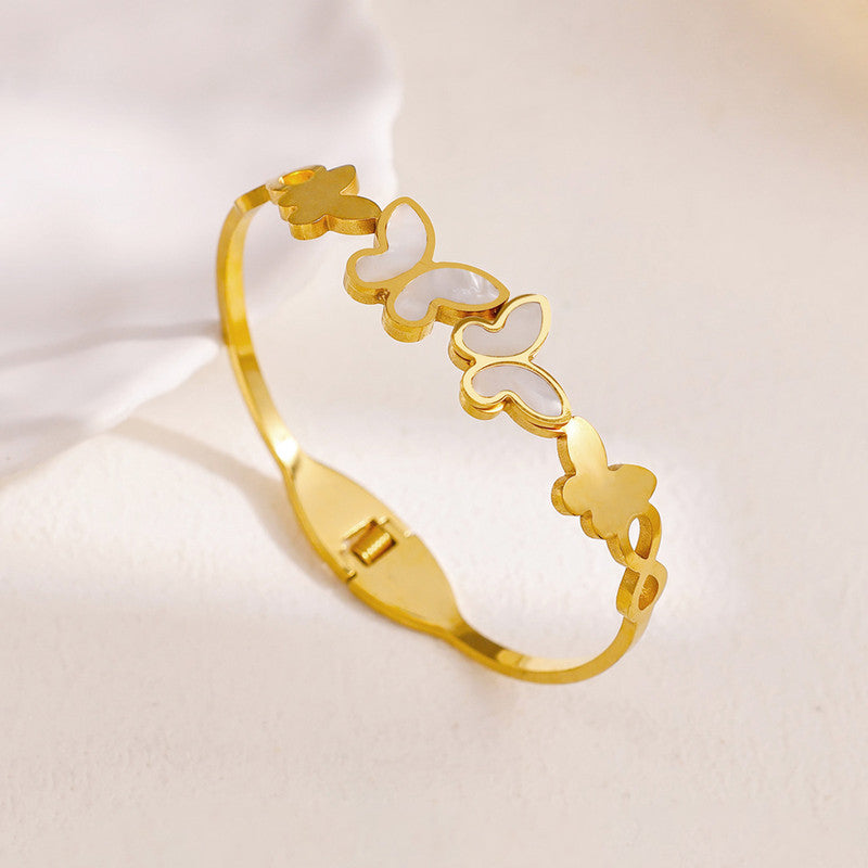 Gold Plated Stainless Steel Butterfly Themed Anti Tarnish Bangle Style Bracelet