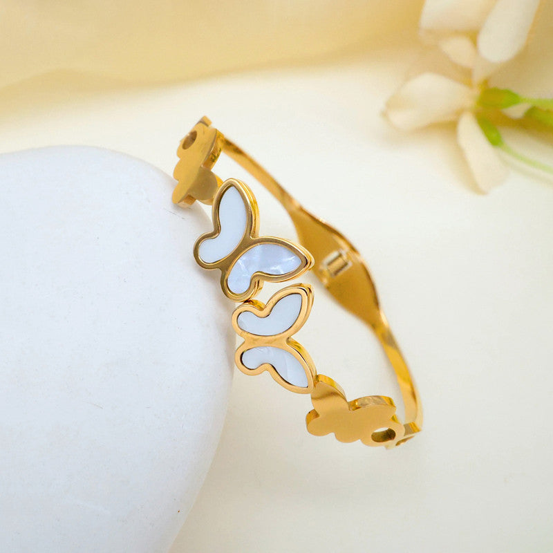 Gold Plated Stainless Steel Butterfly Themed Anti Tarnish Bangle Style Bracelet