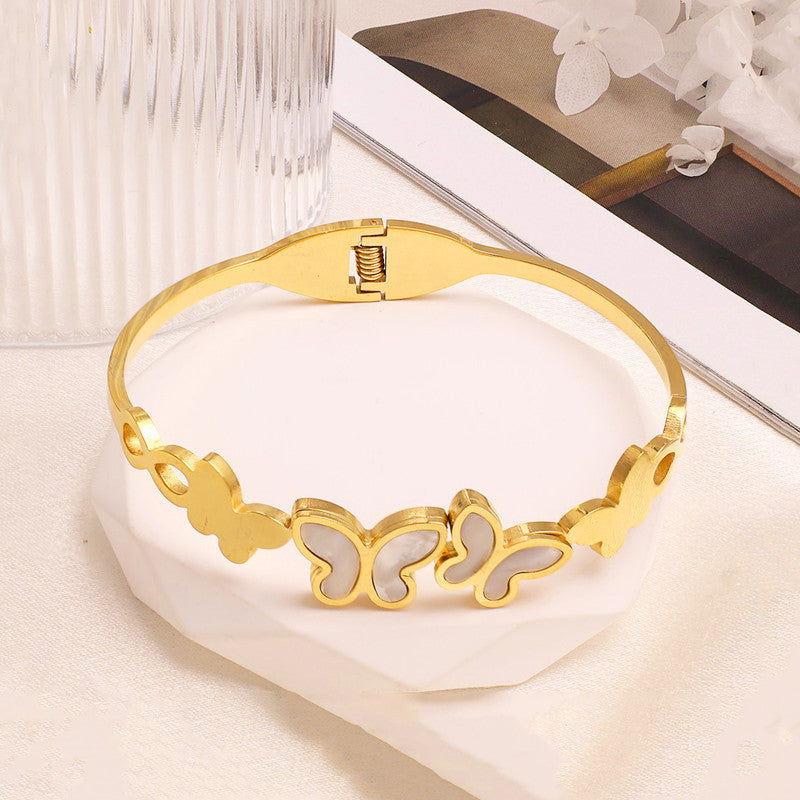 Gold Plated Stainless Steel Butterfly Themed Anti Tarnish Bangle Style Bracelet