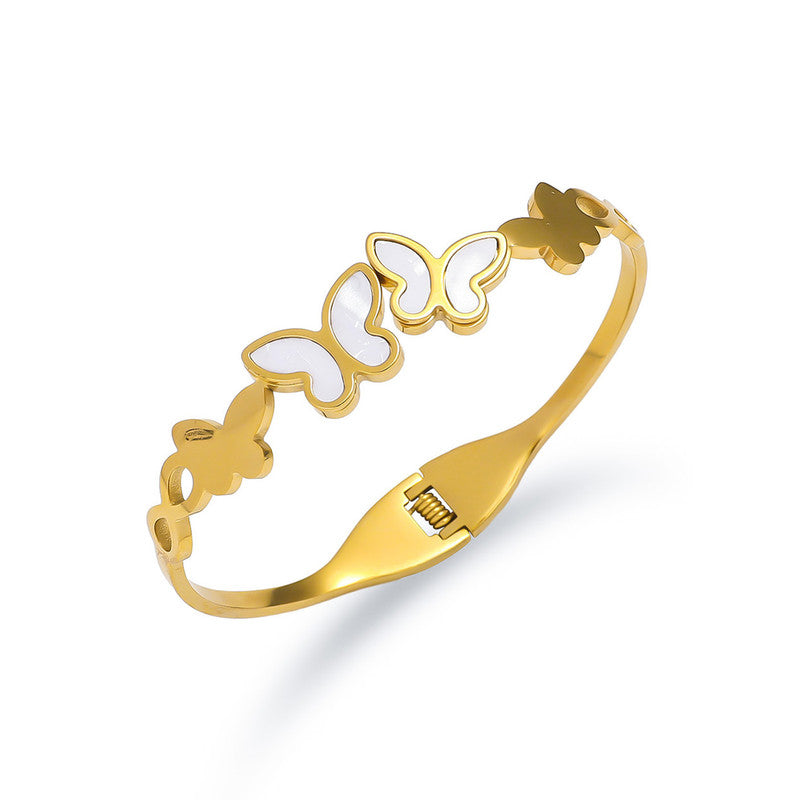 Gold Plated Stainless Steel Butterfly Themed Anti Tarnish Bangle Style Bracelet