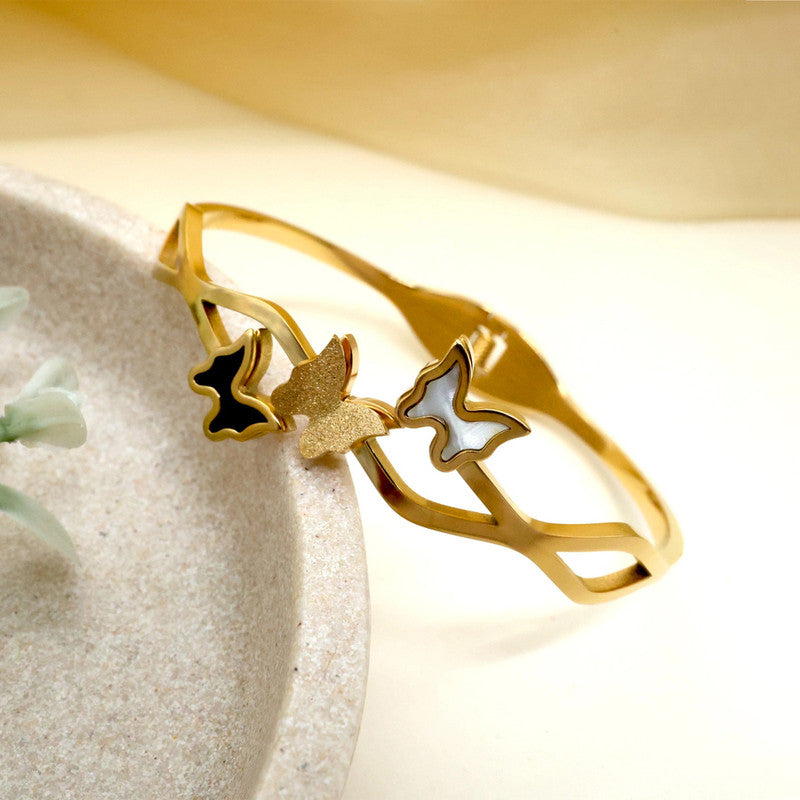 Gold Plated Stainless Steel Butterfly Themed Anti Tarnish Bangle Style Bracelet