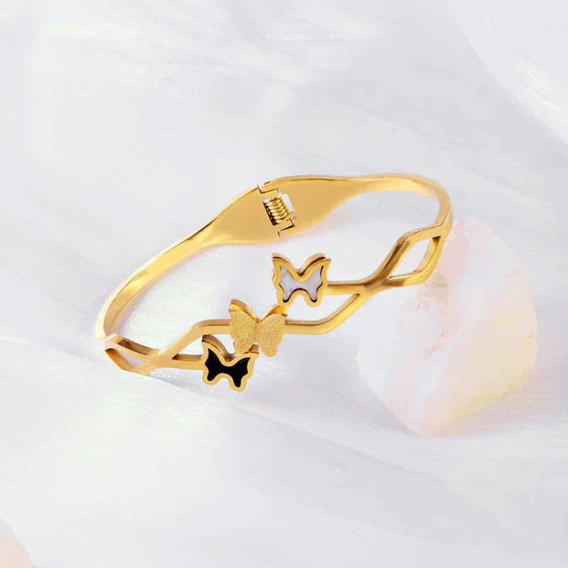 Gold Plated Stainless Steel Butterfly Themed Anti Tarnish Bangle Style Bracelet