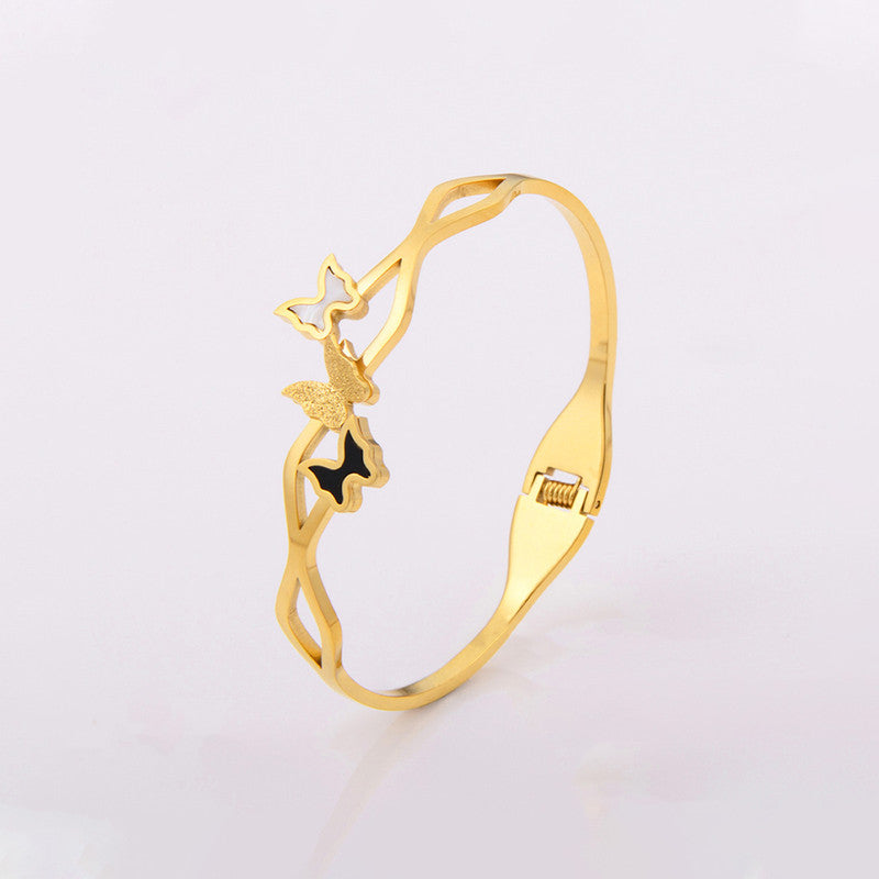Gold Plated Stainless Steel Butterfly Themed Anti Tarnish Bangle Style Bracelet