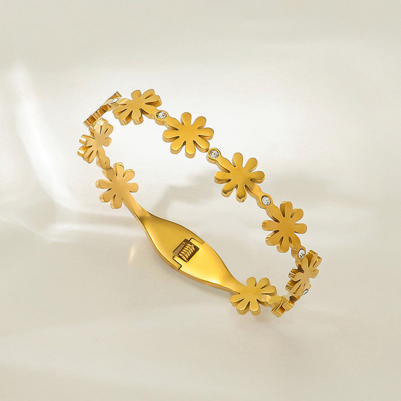 Gold Plated Stainless Steel Floral Themed Anti Tarnish Bangle Style Bracelet