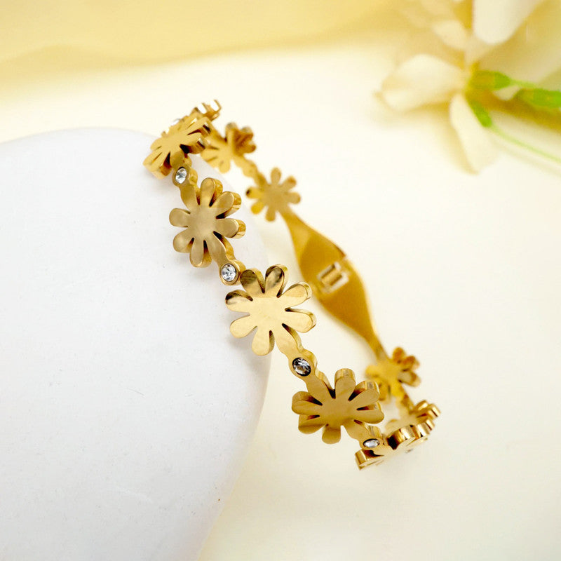 Gold Plated Stainless Steel Floral Themed Anti Tarnish Bangle Style Bracelet