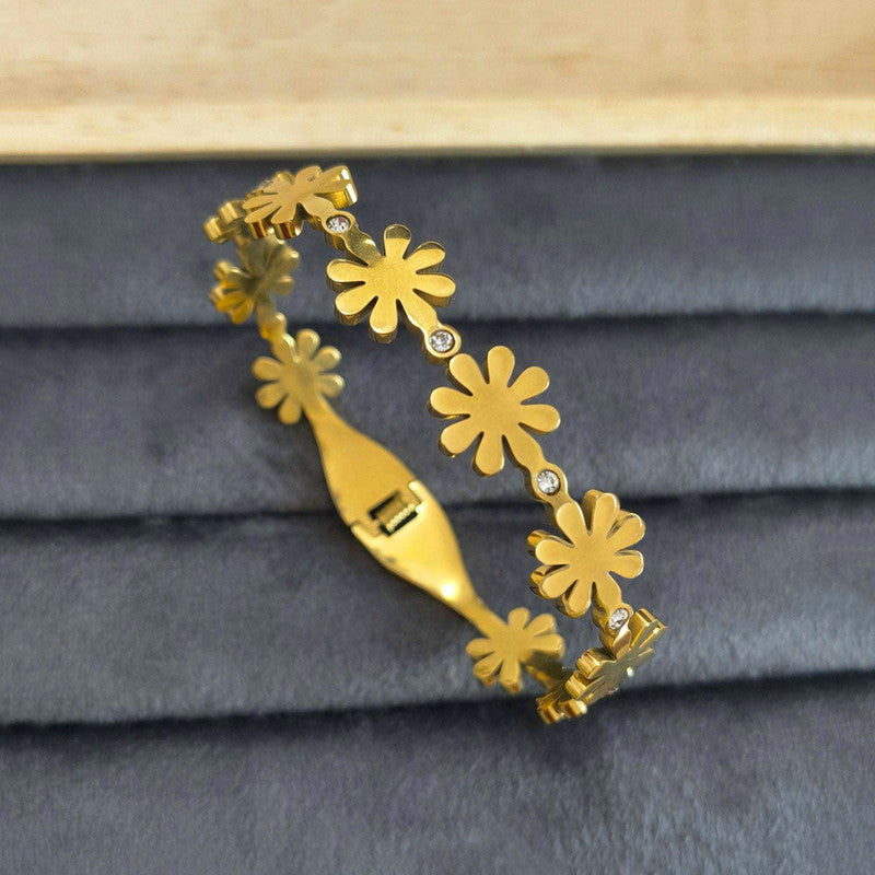 Gold Plated Stainless Steel Floral Themed Anti Tarnish Bangle Style Bracelet