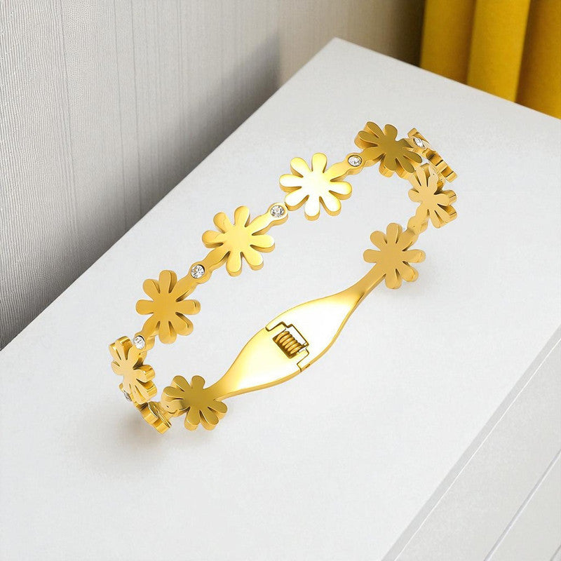 Gold Plated Stainless Steel Floral Themed Anti Tarnish Bangle Style Bracelet