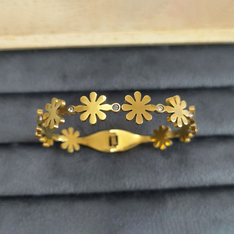 Gold Plated Stainless Steel Floral Themed Anti Tarnish Bangle Style Bracelet