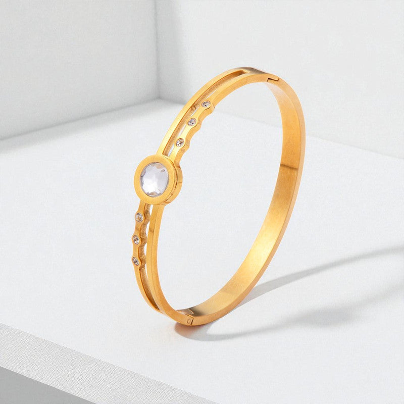 Gold Plated Stainless Steel Stone Embedded Anti Tarnish Bangle Style Bracelet