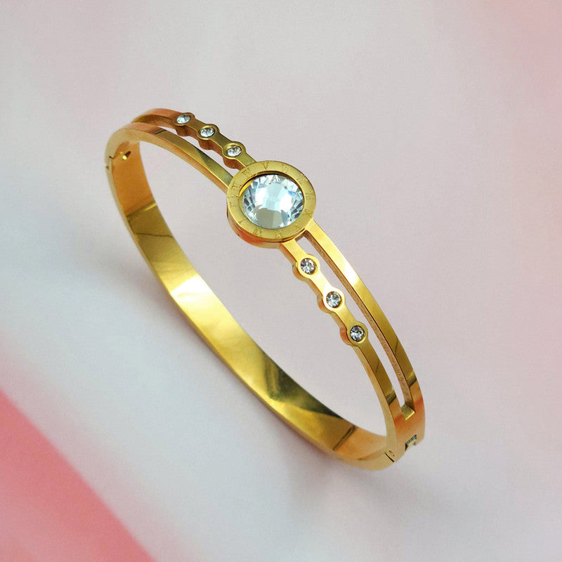Gold Plated Stainless Steel Stone Embedded Anti Tarnish Bangle Style Bracelet