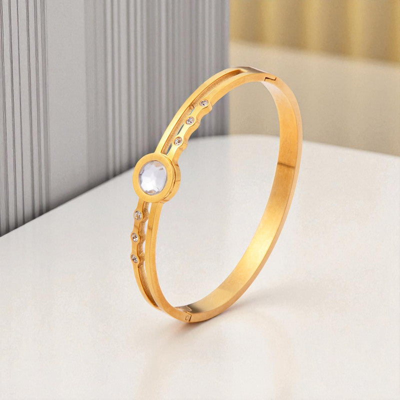 Gold Plated Stainless Steel Stone Embedded Anti Tarnish Bangle Style Bracelet