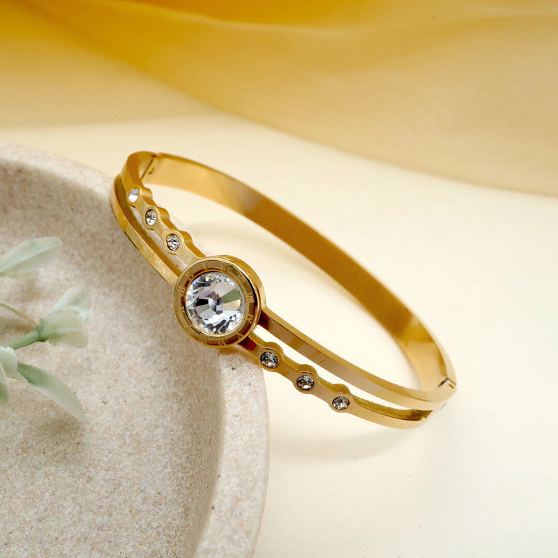 Gold Plated Stainless Steel Stone Embedded Anti Tarnish Bangle Style Bracelet