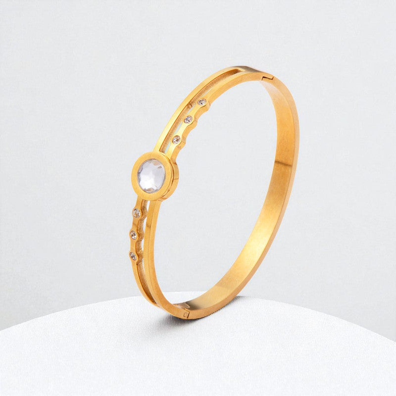 Gold Plated Stainless Steel Stone Embedded Anti Tarnish Bangle Style Bracelet