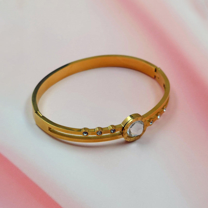 Gold Plated Stainless Steel Stone Embedded Anti Tarnish Bangle Style Bracelet