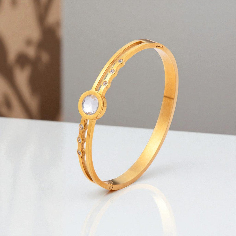 Gold Plated Stainless Steel Stone Embedded Anti Tarnish Bangle Style Bracelet