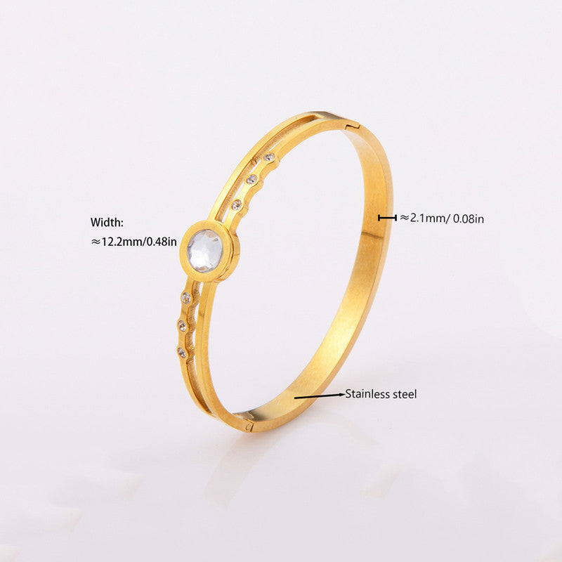 Gold Plated Stainless Steel Stone Embedded Anti Tarnish Bangle Style Bracelet