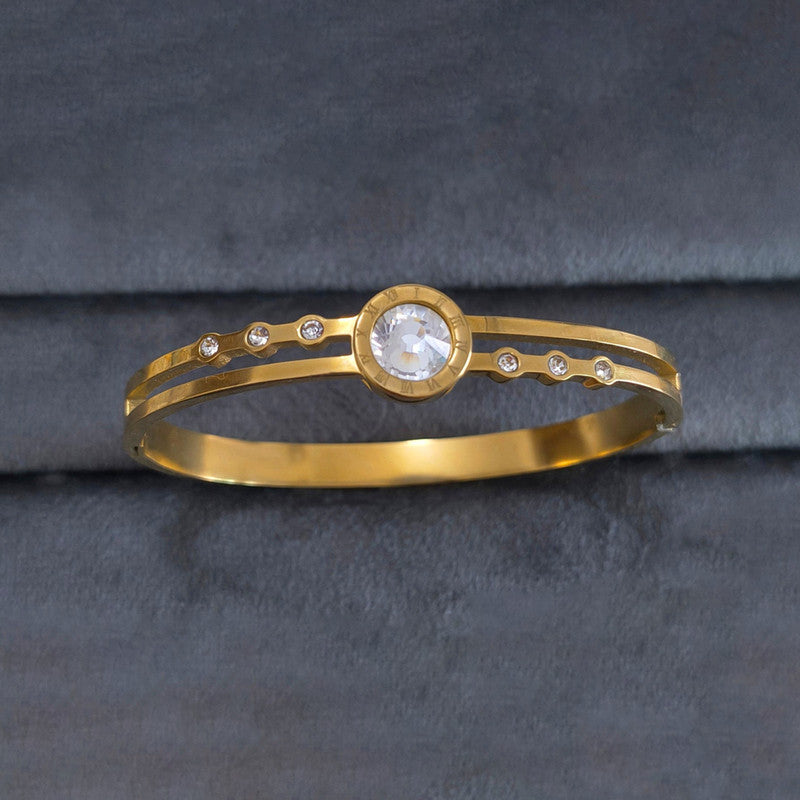 Gold Plated Stainless Steel Stone Embedded Anti Tarnish Bangle Style Bracelet