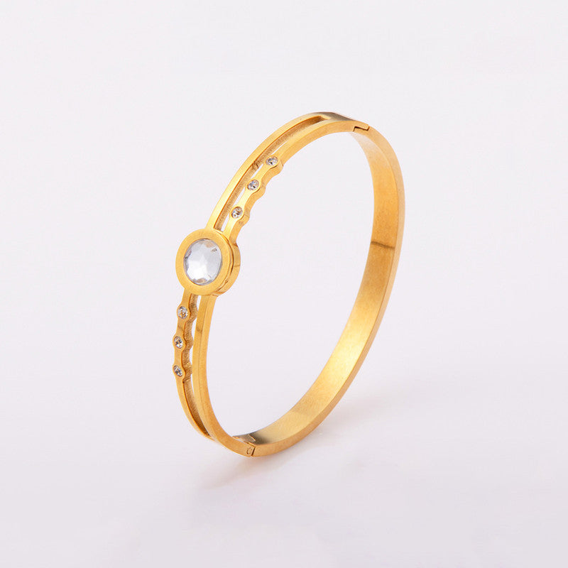 Gold Plated Stainless Steel Stone Embedded Anti Tarnish Bangle Style Bracelet