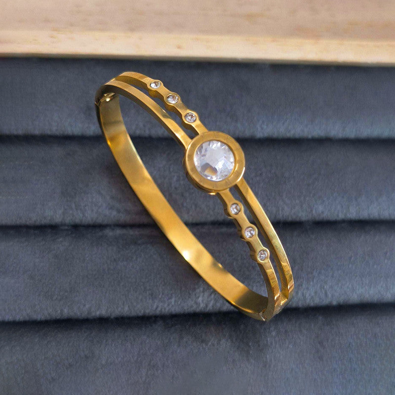 Gold Plated Stainless Steel Stone Embedded Anti Tarnish Bangle Style Bracelet