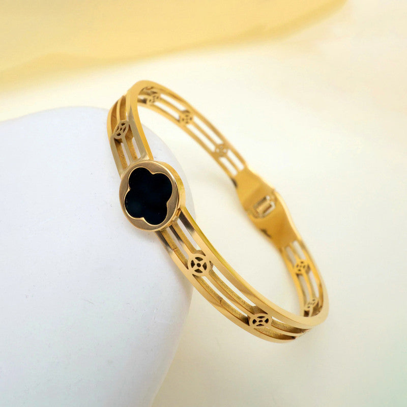 Gold Plated Stainless Steel Clover Themed Anti Tarnish Bangle Style Bracelet