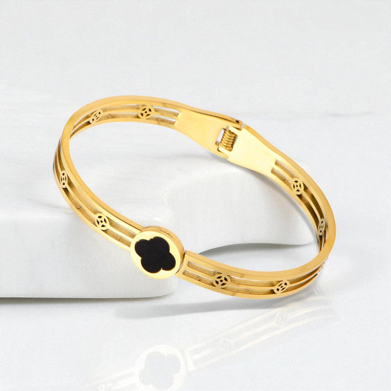 Gold Plated Stainless Steel Clover Themed Anti Tarnish Bangle Style Bracelet