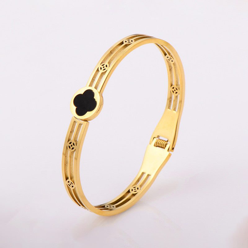 Gold Plated Stainless Steel Clover Themed Anti Tarnish Bangle Style Bracelet