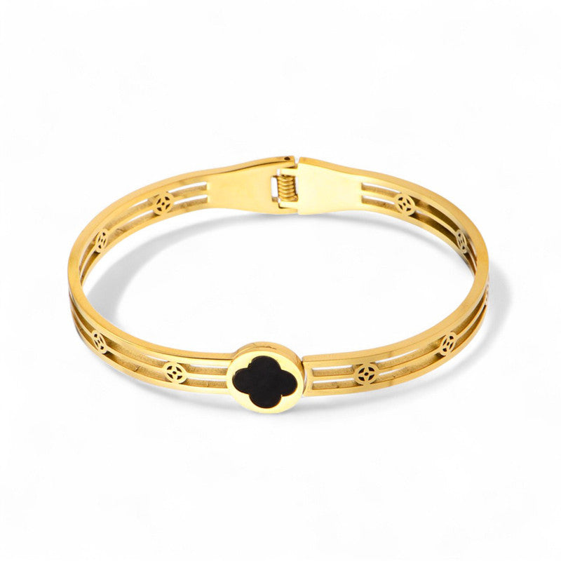 Gold Plated Stainless Steel Clover Themed Anti Tarnish Bangle Style Bracelet