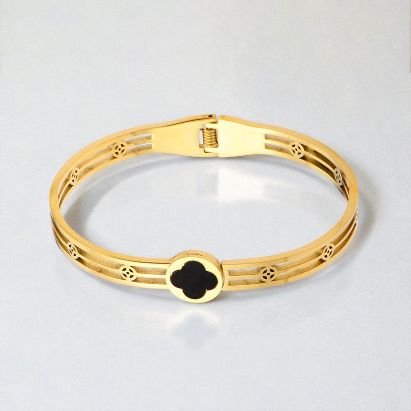 Gold Plated Stainless Steel Clover Themed Anti Tarnish Bangle Style Bracelet