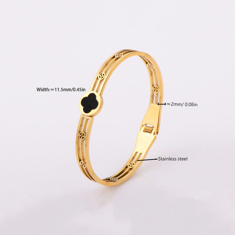 Gold Plated Stainless Steel Clover Themed Anti Tarnish Bangle Style Bracelet