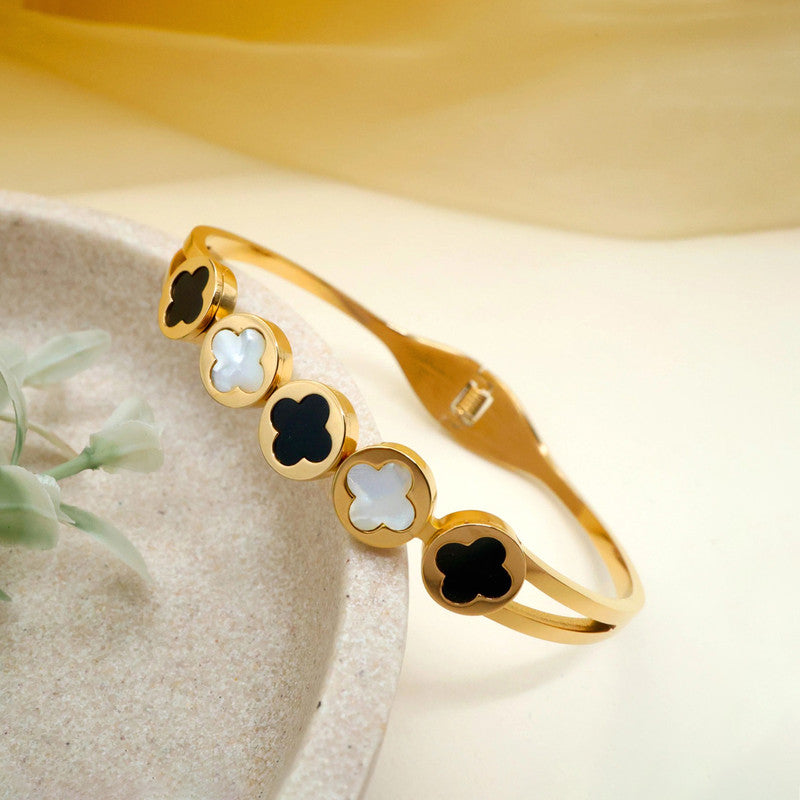 Gold Plated Stainless Steel Clover Themed Anti Tarnish Bangle Style Bracelet