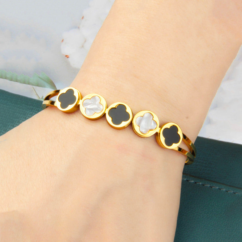 Gold Plated Stainless Steel Clover Themed Anti Tarnish Bangle Style Bracelet