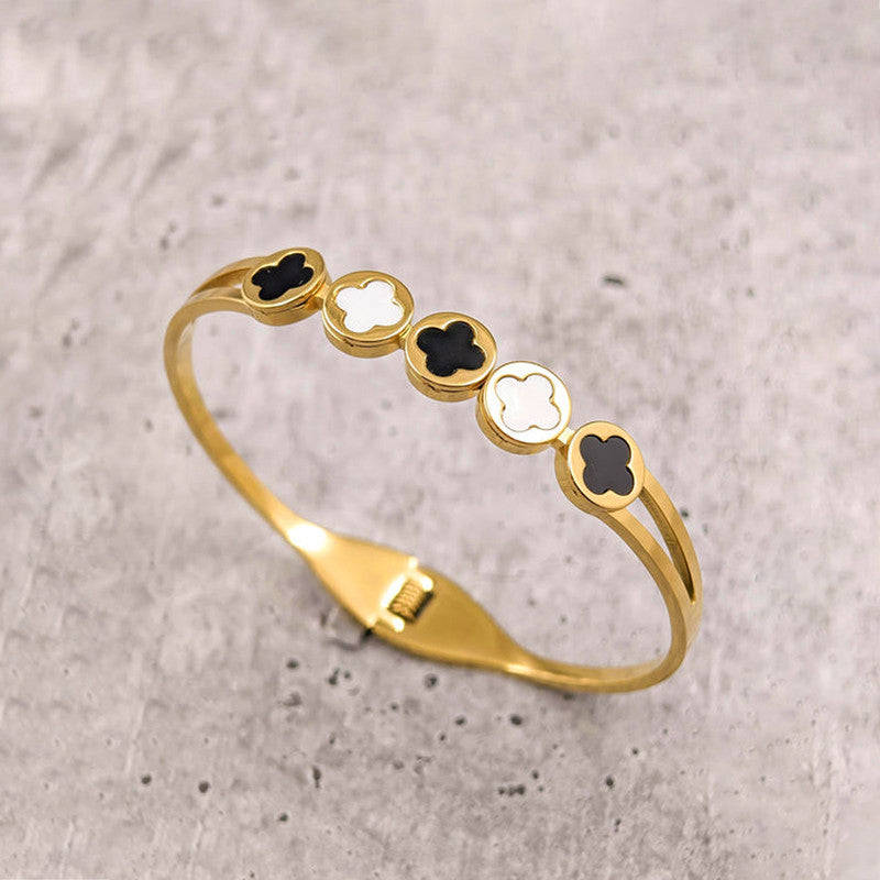 Gold Plated Stainless Steel Clover Themed Anti Tarnish Bangle Style Bracelet