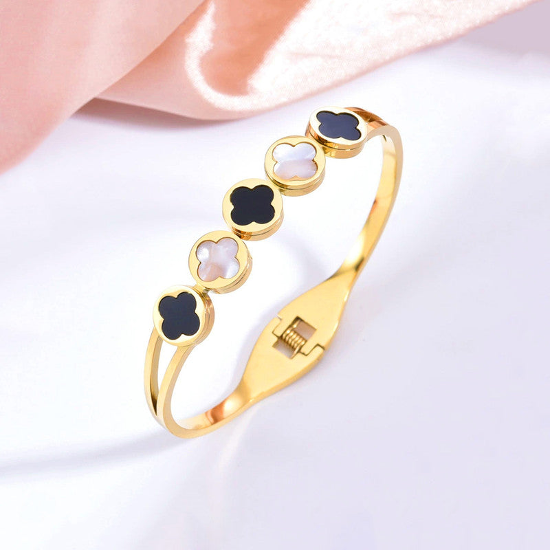 Gold Plated Stainless Steel Clover Themed Anti Tarnish Bangle Style Bracelet