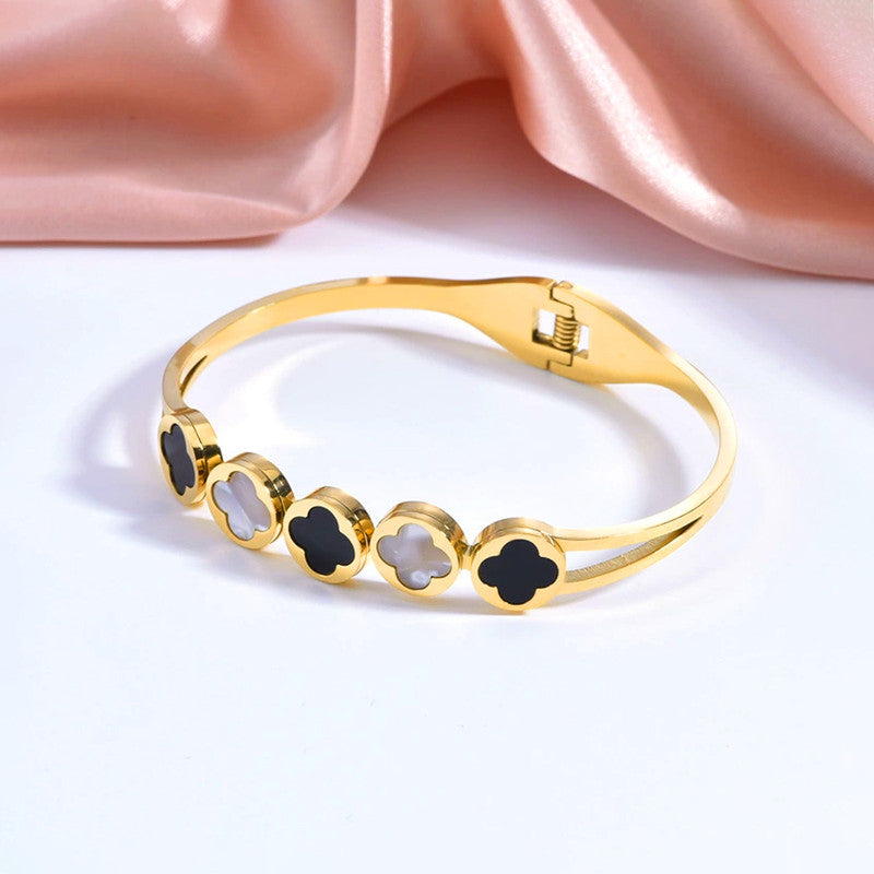Gold Plated Stainless Steel Clover Themed Anti Tarnish Bangle Style Bracelet