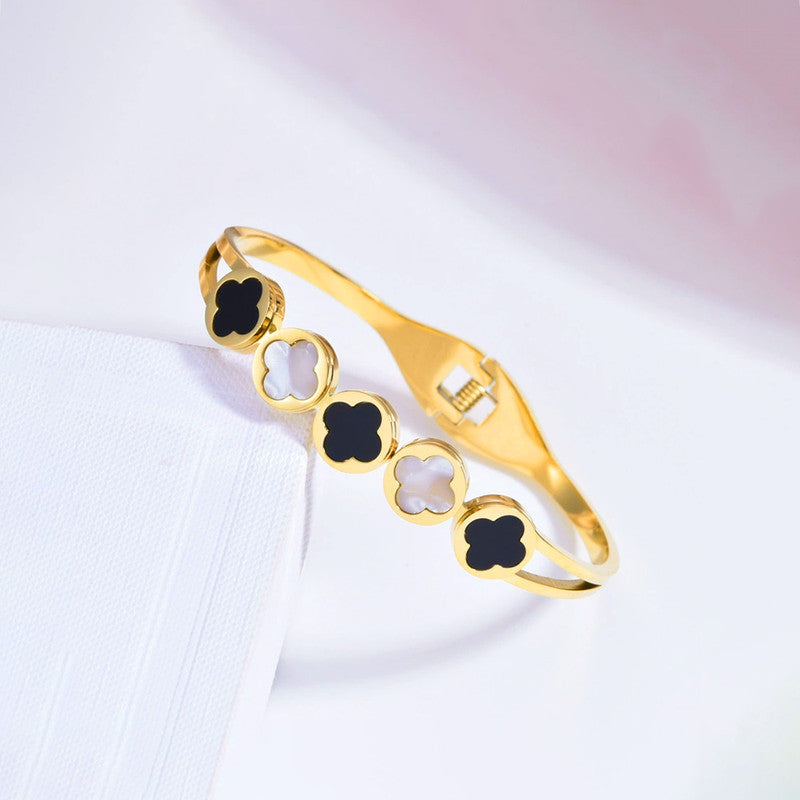 Gold Plated Stainless Steel Clover Themed Anti Tarnish Bangle Style Bracelet