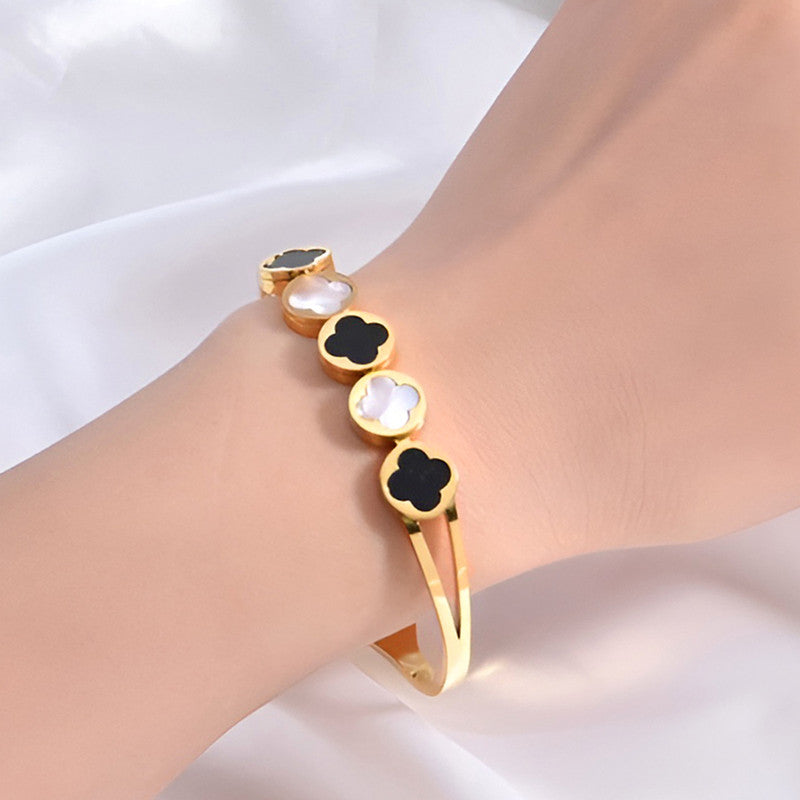 Gold Plated Stainless Steel Clover Themed Anti Tarnish Bangle Style Bracelet