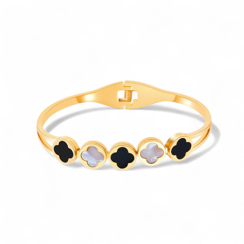 Gold Plated Stainless Steel Clover Themed Anti Tarnish Bangle Style Bracelet