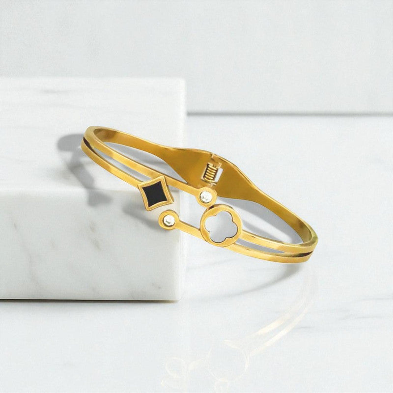 Gold Plated Stainless Steel Clover Themed Anti Tarnish Bangle Style Bracelet