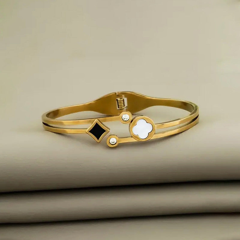 Gold Plated Stainless Steel Clover Themed Anti Tarnish Bangle Style Bracelet