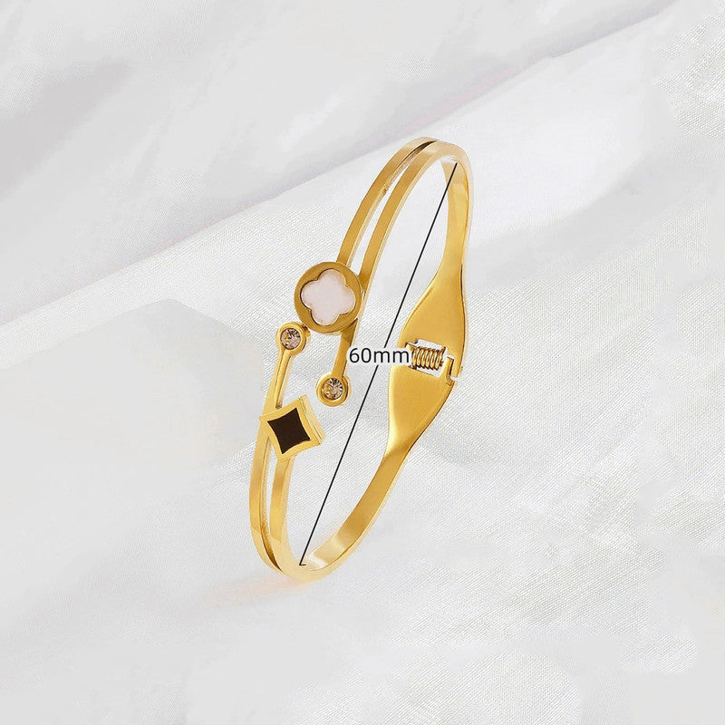 Gold Plated Stainless Steel Clover Themed Anti Tarnish Bangle Style Bracelet