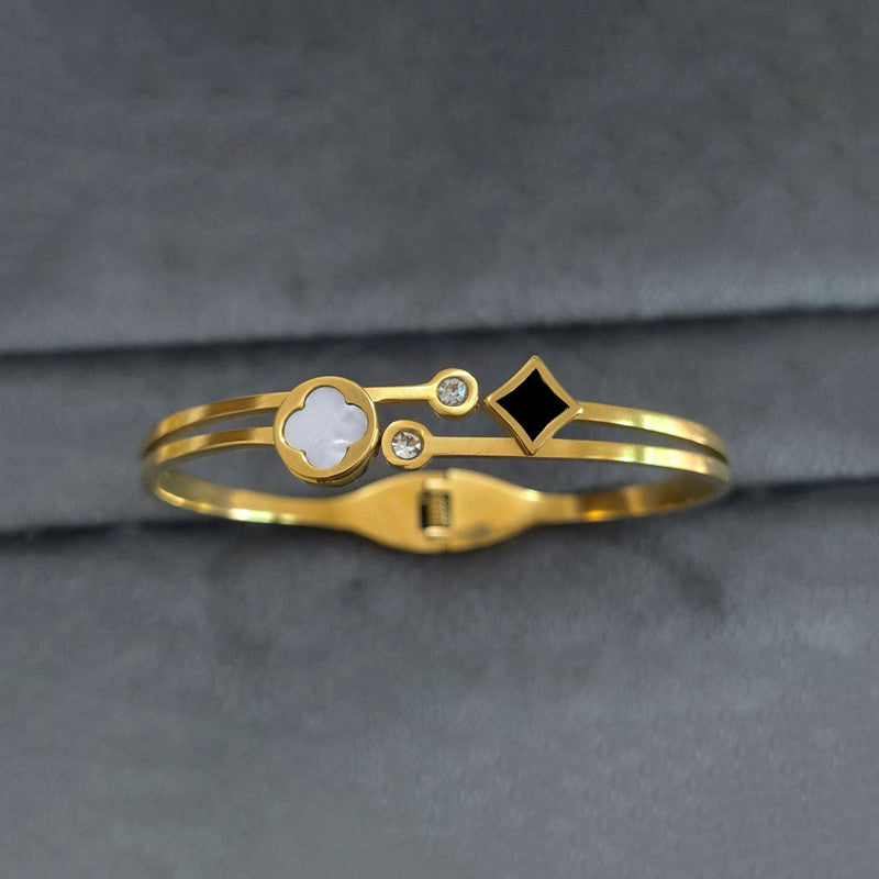 Gold Plated Stainless Steel Clover Themed Anti Tarnish Bangle Style Bracelet