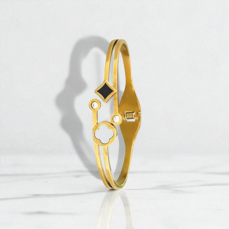 Gold Plated Stainless Steel Clover Themed Anti Tarnish Bangle Style Bracelet