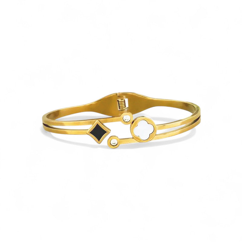 Gold Plated Stainless Steel Clover Themed Anti Tarnish Bangle Style Bracelet