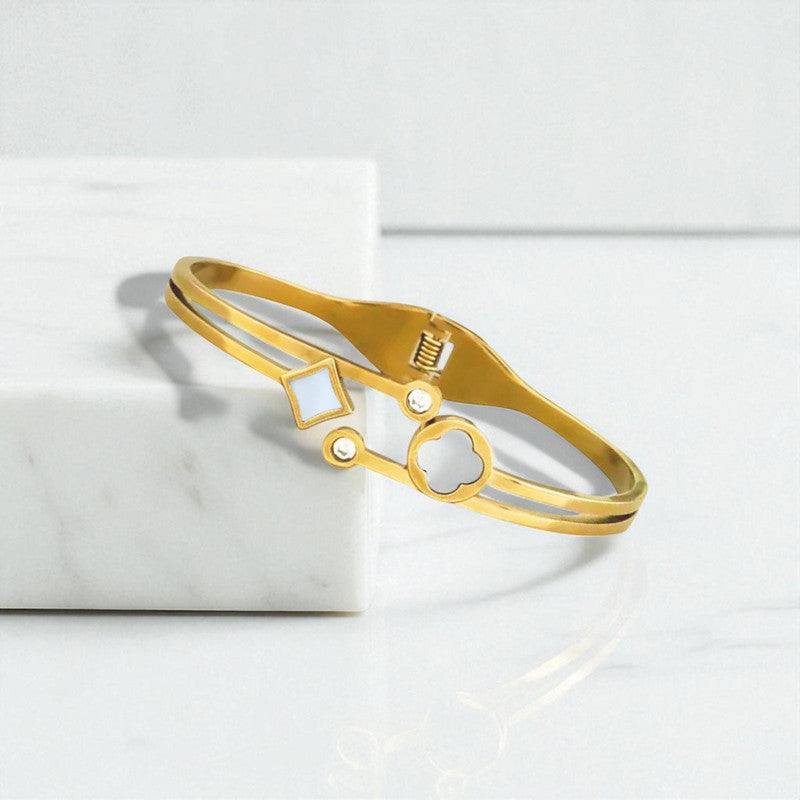 Gold Plated Stainless Steel Clover Themed Anti Tarnish Bangle Style Bracelet