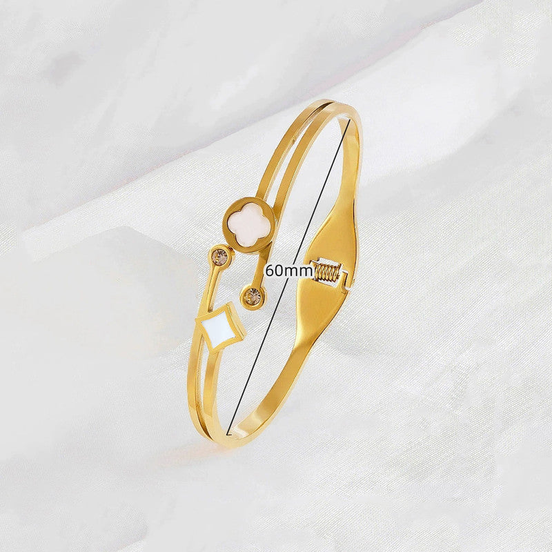 Gold Plated Stainless Steel Clover Themed Anti Tarnish Bangle Style Bracelet