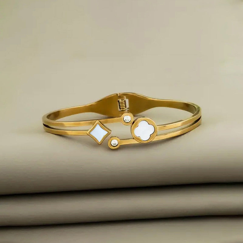 Gold Plated Stainless Steel Clover Themed Anti Tarnish Bangle Style Bracelet