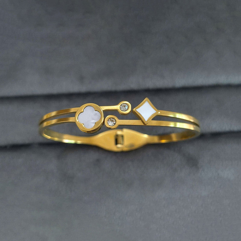 Gold Plated Stainless Steel Clover Themed Anti Tarnish Bangle Style Bracelet